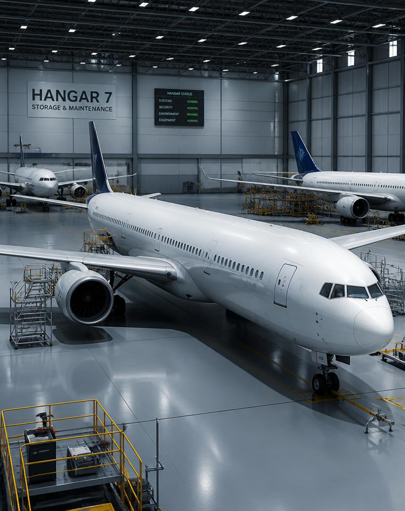 Commercial aircraft in a high-tech hangar