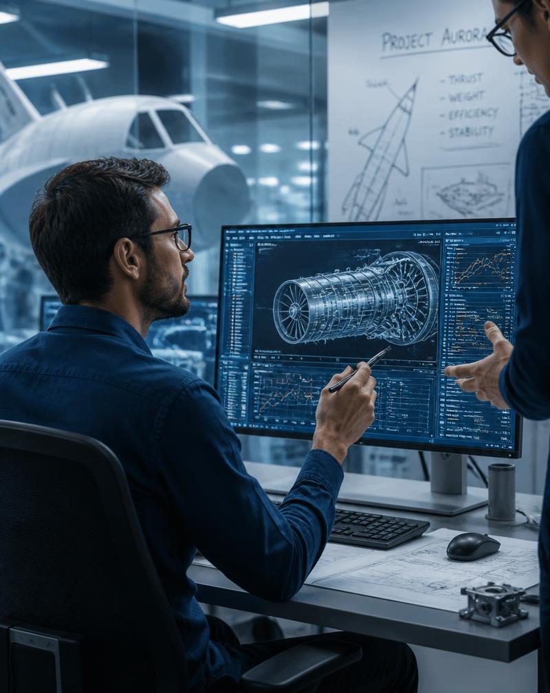 Aerospace engineers analyzing complex technical data