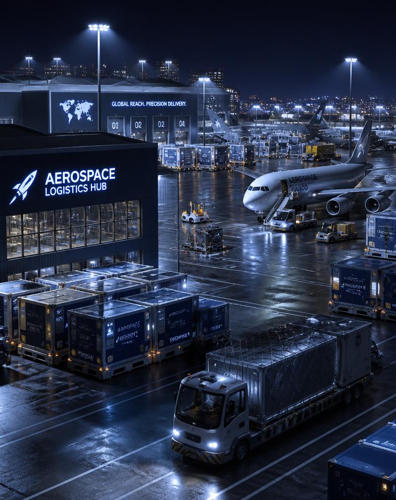 Aerospace logistics hub at night with cargo operations